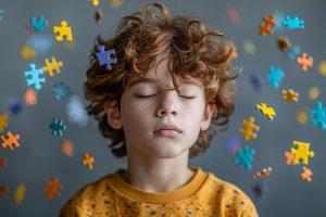 Un enfant a les yeux fermés. des pièces de puzzles volent autour de lui. les différents types d'autisme © Freepik_IA
